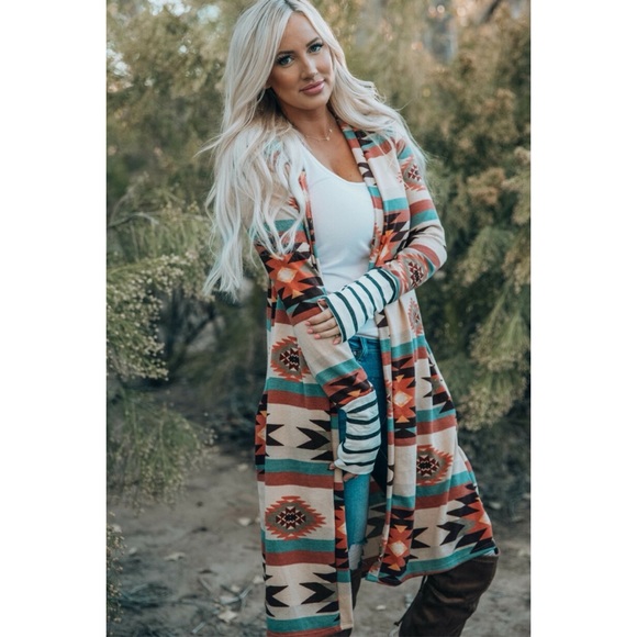 Multicolor Geometric Long Cardigan – Western Boho Open Front Layer - Picture 1 of 5